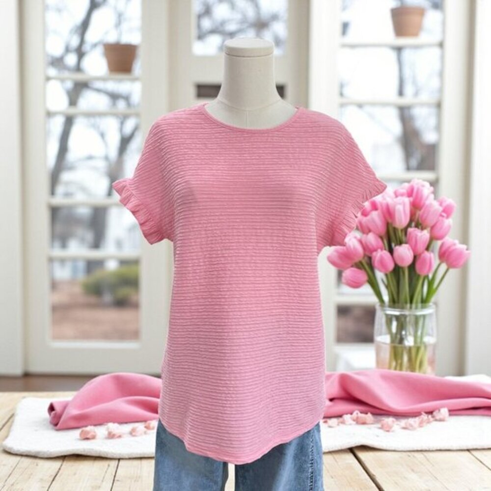 Pink Textured Ruffle‎ Sleeve Top NWOT Soft Girl Coquette Feminine Casual Blouse